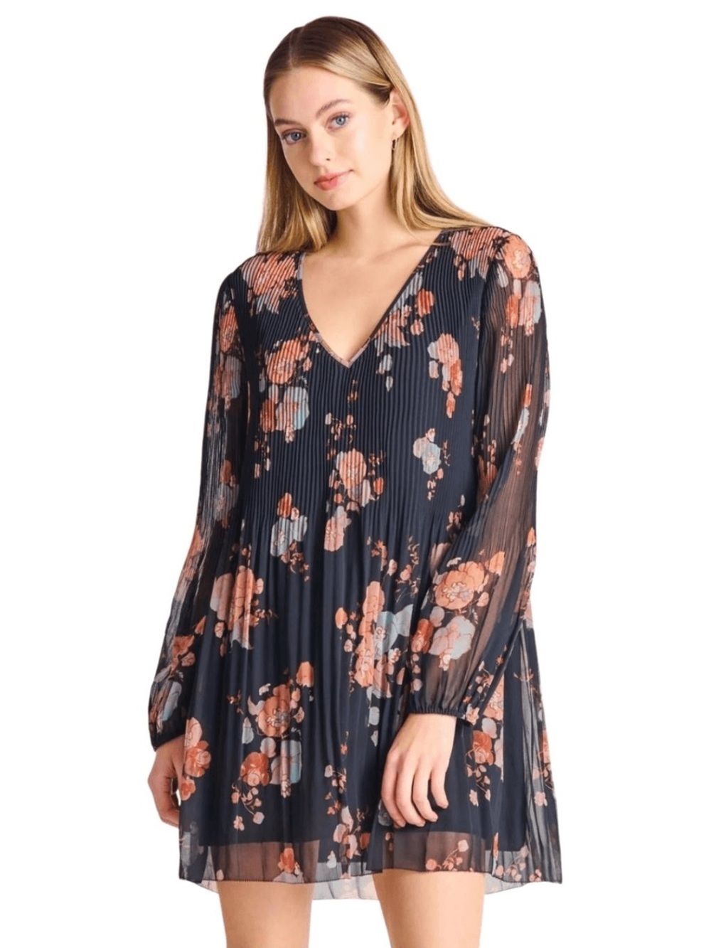Black Tape Black with Floral Long Sleeve Pleated Mini Dress Size XL Party Boho